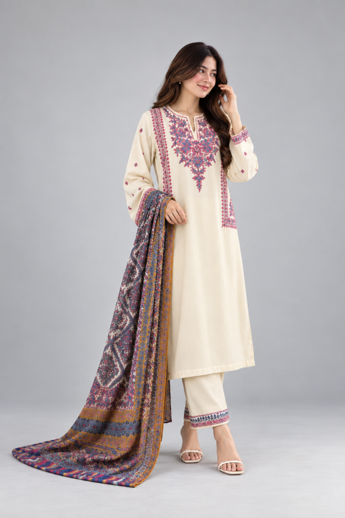 Embroidered Dobby sapphire 3pc Dress