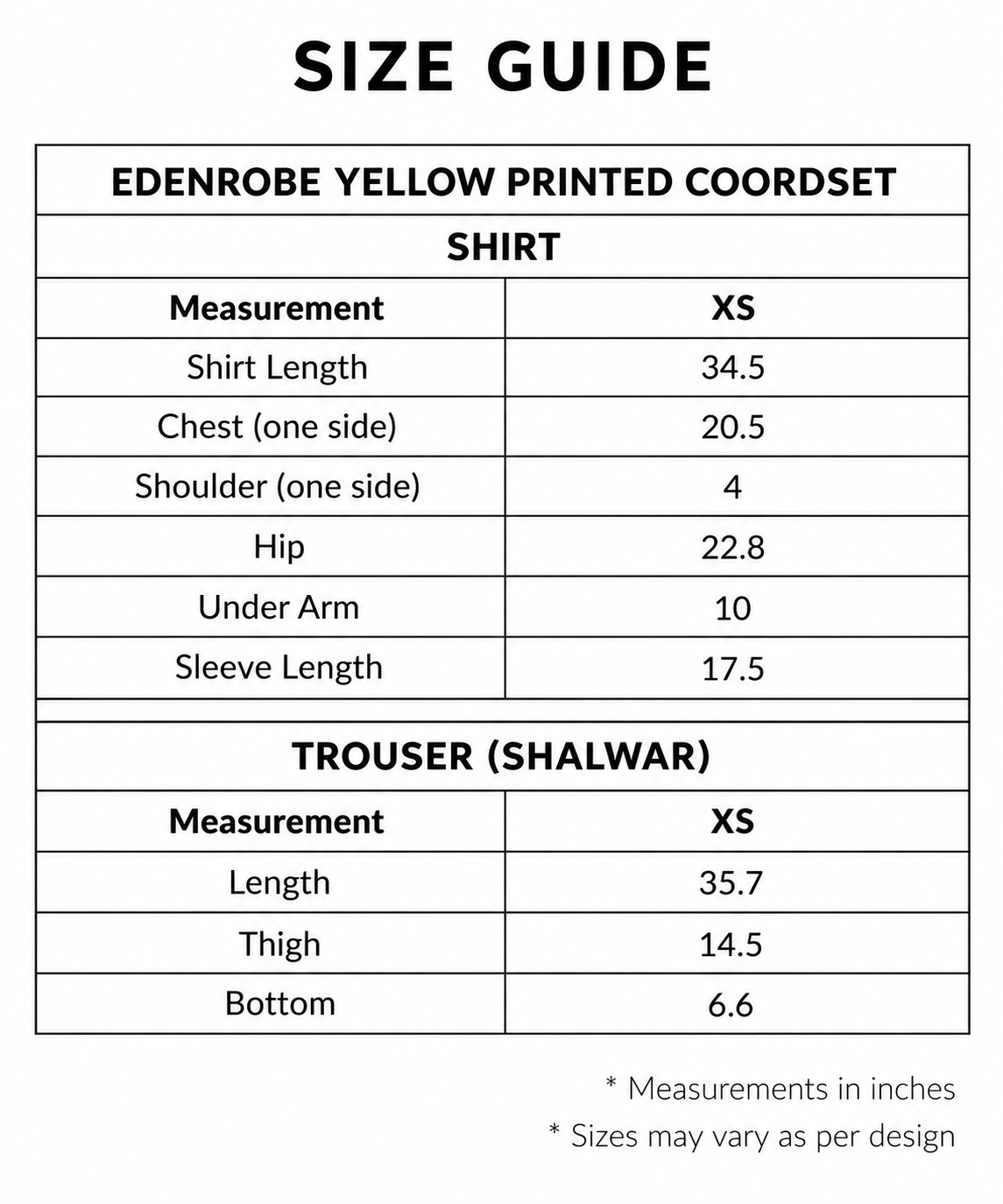 Edenrobe Yellow Printed Co-ordset XS size guide showing shirt and trouser measurements in inches.
