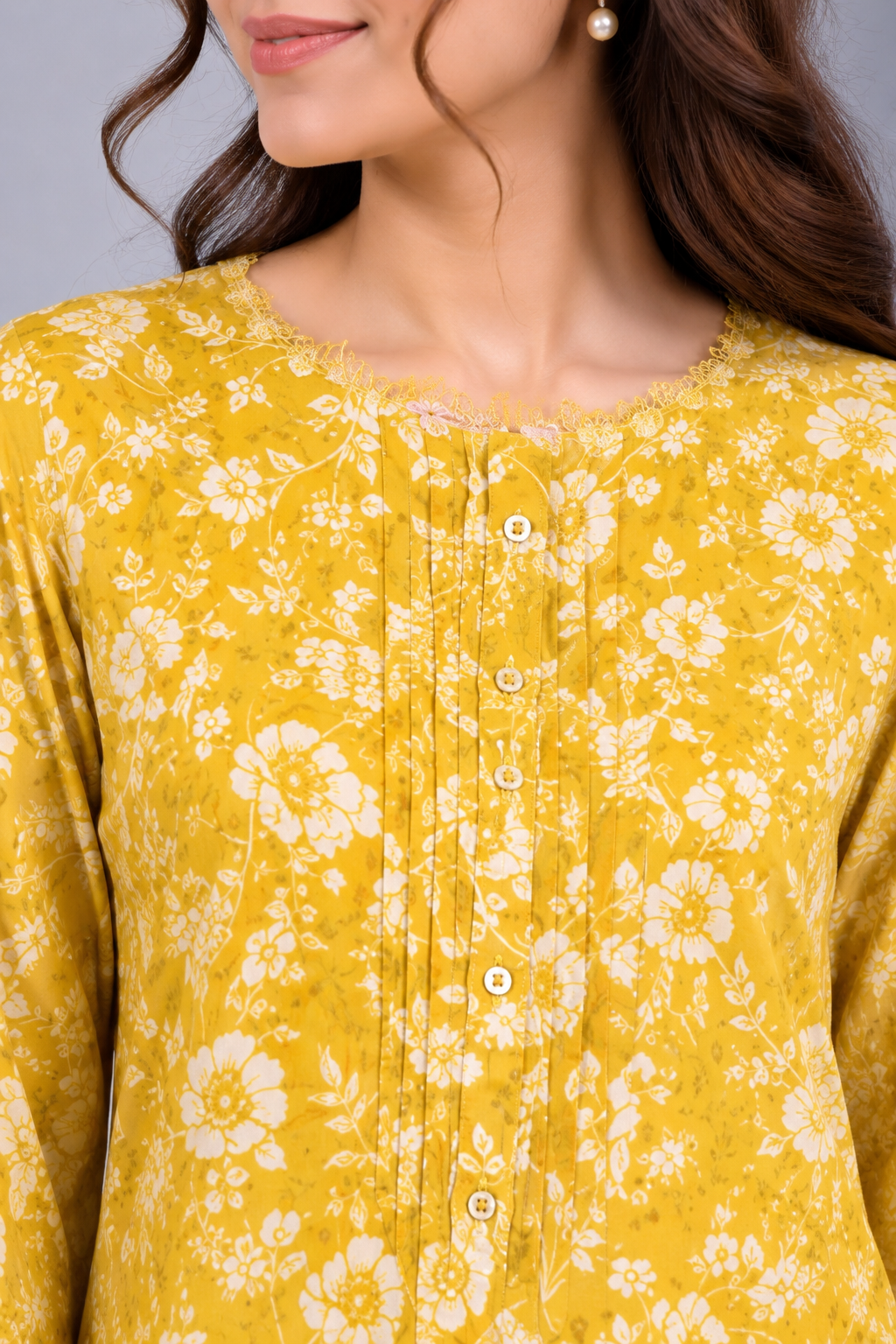 Edenrobe Yellow Printed Co-ordset – Neck Detail