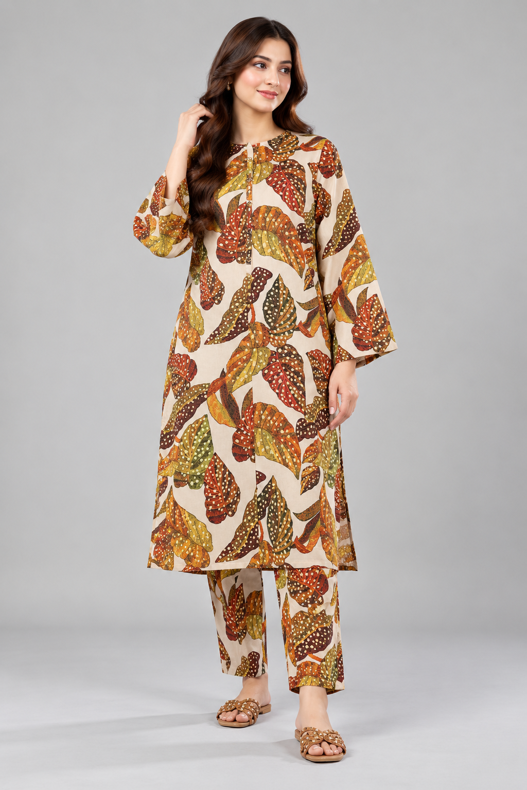 Full front view of the ethnic leaf print co-ord set.