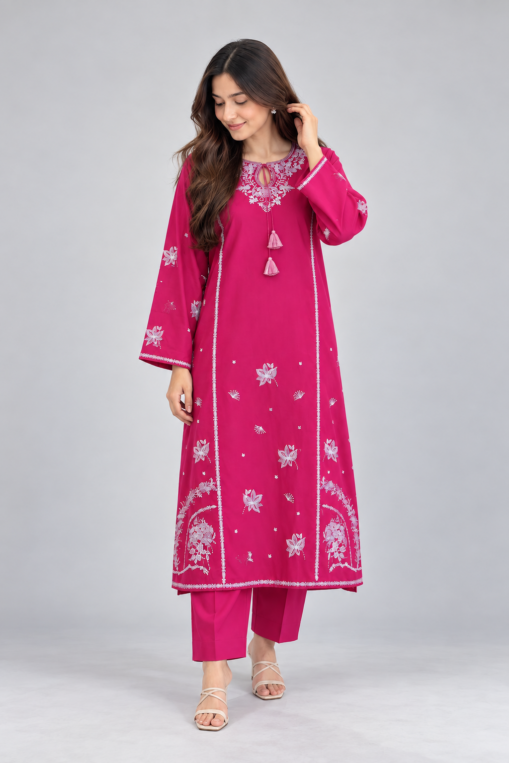 Front view of the vibrant pink embroidered jacquard 2-piece summer dress.