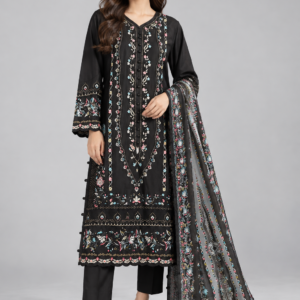 Black Embroidered 3 Piece Suit with Printed Dupatta