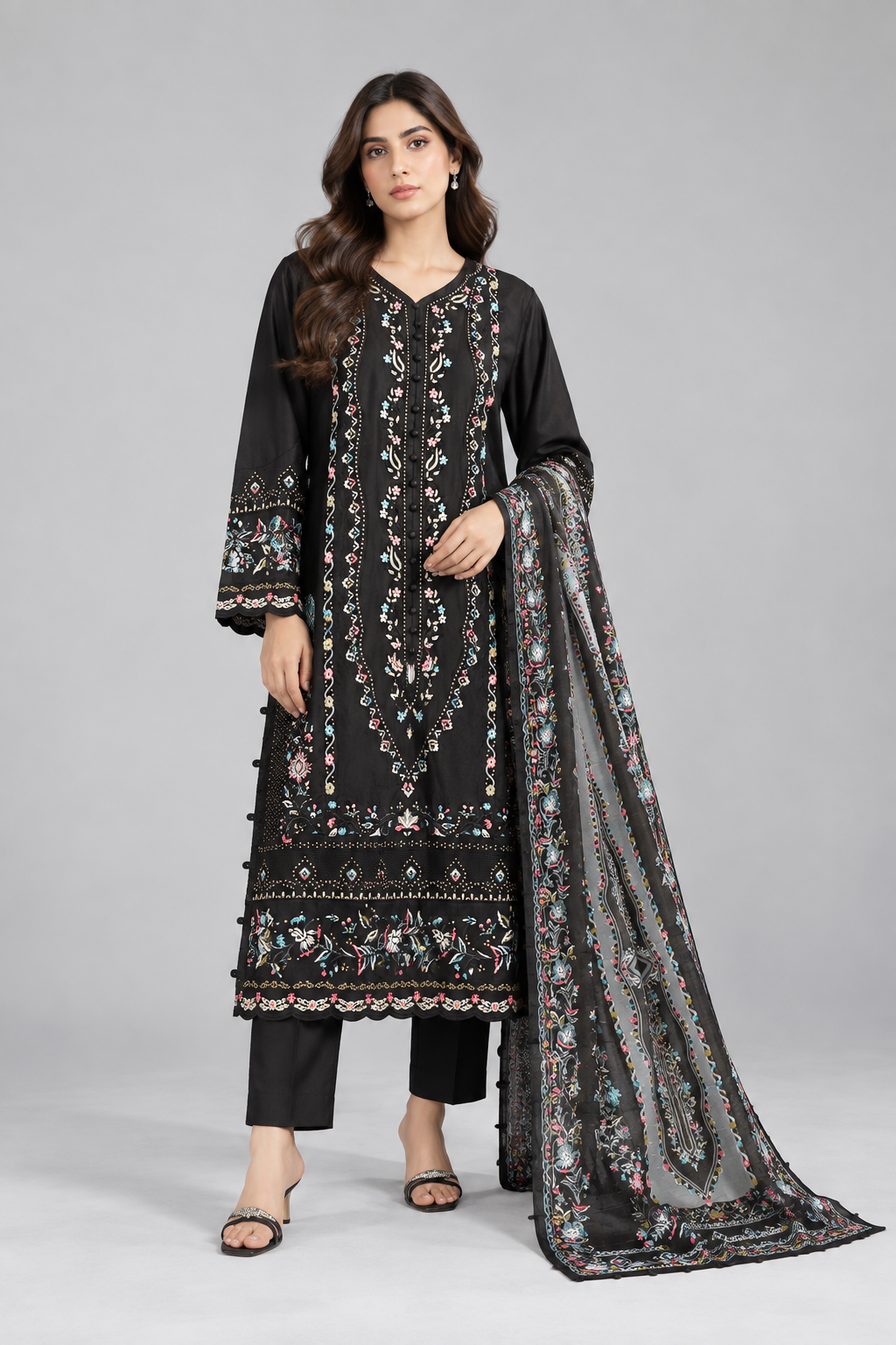 Full view of the black embroidered 3 piece suit with coordinating printed dupatta.