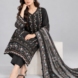 Black Embroidered 3 Piece Suit with Printed Dupatta