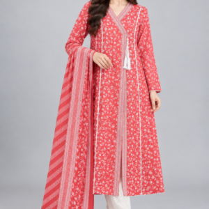 Summer Printed 3-Piece Angrkha Style Suit | Coral Pink Floral Print