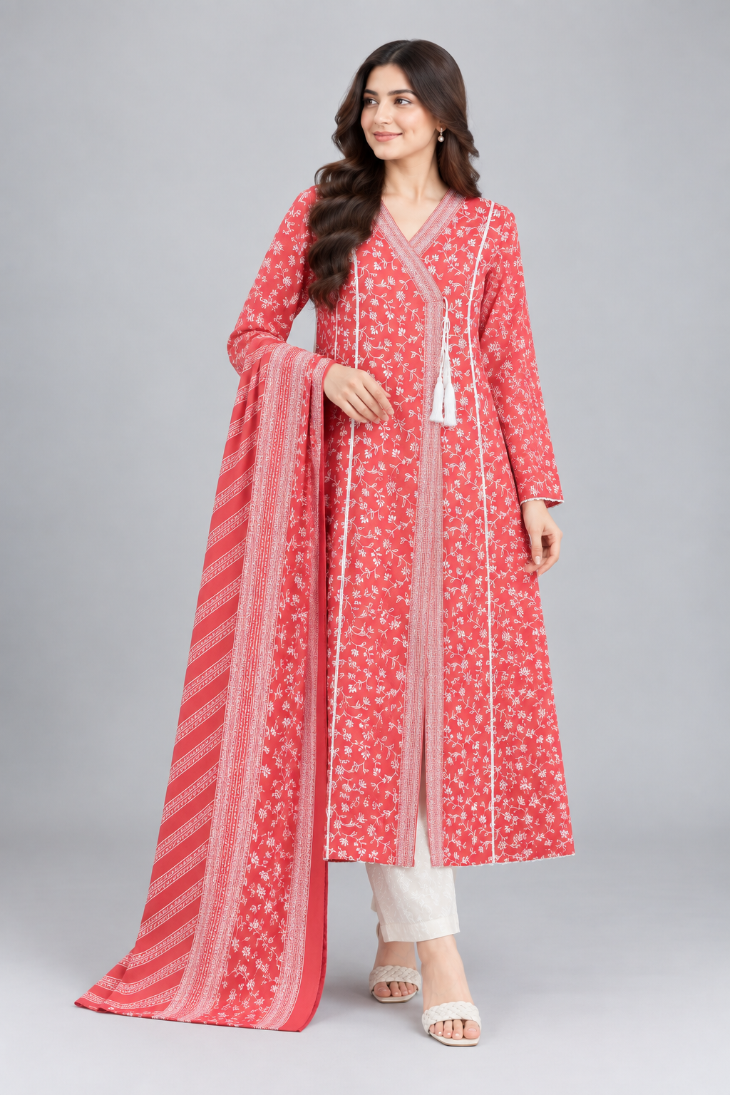 Front view of the coral pink printed 3-piece Angrkha style suit.