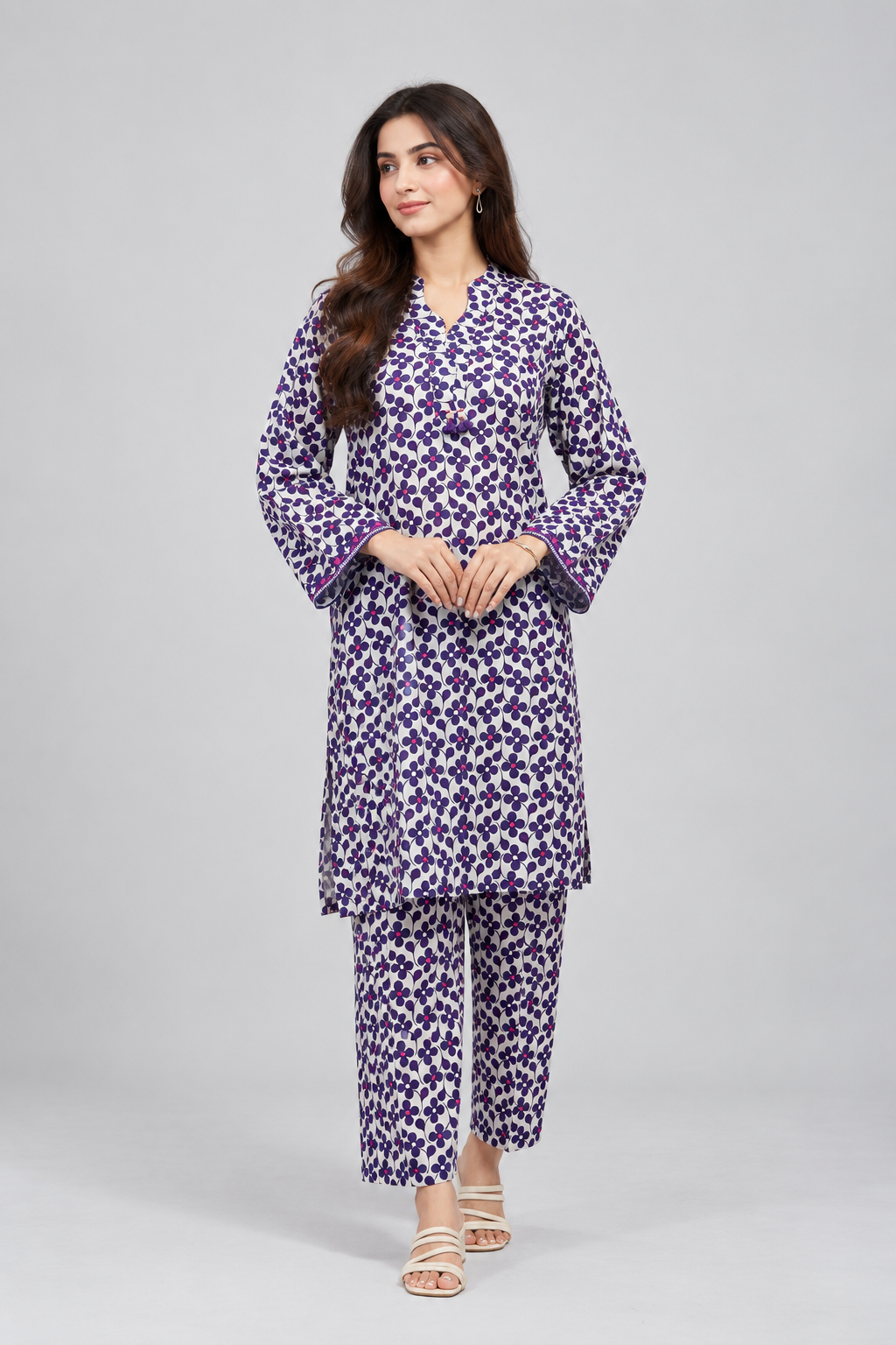 Full front view of the elegant floral printed 2 piece suit.