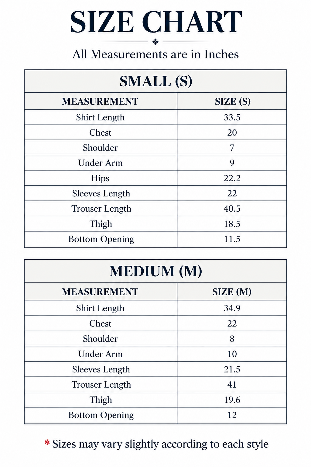 Small and medium clothing size chart with shirt and trouser measurements in inches.